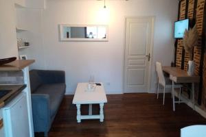 ein Wohnzimmer mit Sofa und Tisch in der Unterkunft Meublé tourisme classé 1 étoile - coeur de ville quartier cathédrale in Tours + 3 Fotos