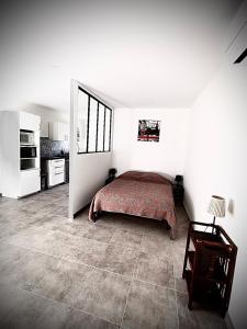 ein Schlafzimmer mit einem Bett in einem weißen Zimmer in der Unterkunft Lodging Gîte Au Milieu des Vignes & des Étoiles in Saint-Jean-de-Fos