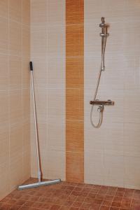 a shower in a bathroom with a tile wall at Kevade Guesthouse with Sauna in Kuressaare