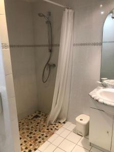 y baño con ducha, aseo y lavamanos. en Hôtel Océan, en Lourdes