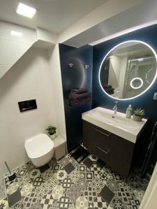 uma casa de banho com um WC, um lavatório e um espelho. em DUPLEX Le 12 - Appartement avec terrasse dans le vignoble - 5 mn du centre de Colmar em Wettolsheim
