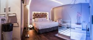 Habitación de hotel con cama y pared de cristal en Mirador del Alba en Ossa de Montiel