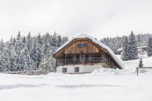 una grande baita di tronchi nella neve con alberi di Obereggeralm a Valdaora
