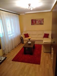 sala de estar con sofá blanco y alfombra roja en Apartament Mariuca en Gura Humorului