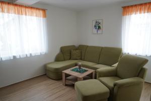 a living room with a couch and chairs and a table at Gästehaus Hofmann - 4 Sterne Ferienwohnung Sorbitztal in Rohrbach