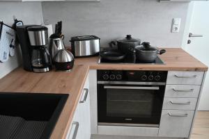 a kitchen with a stove and some pots and pans at Gästehaus Hofmann - 4 Sterne Ferienwohnung Sorbitztal in Rohrbach