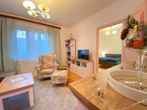 een woonkamer met een badkamer met een wastafel en een stoel bij Babka House in Banská Štiavnica