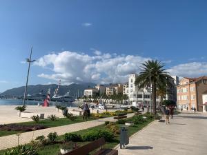 people walking on a sidewalk near the water with buildings at Apartment Topla in Herceg-Novi