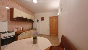 a kitchen with a table with a vase of flowers on it at Vila Panselutelor 6 in Sinaia