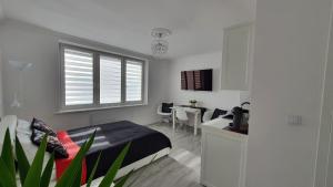 a bedroom with a bed and a desk and a kitchen at Sunny Apartments Gorlice in Gorlice