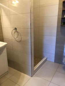 eine Dusche mit Glastür im Bad in der Unterkunft Studia Imrvere in Žamberk