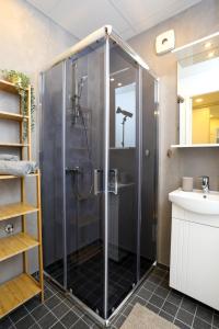 een douche met een glazen deur in de badkamer bij Studio apartment 2 in Pärnu