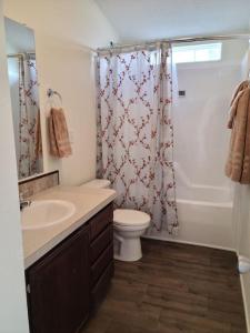 a bathroom with a sink and a toilet and a shower at The Villa - Amazingly Comfortable King Beds in Alpine