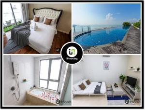 a collage of pictures of a bedroom and a pool at Silverscape Deluxe Melaka by I Housing in Melaka