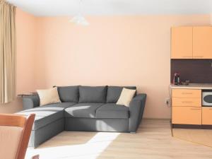 a living room with a gray couch and a kitchen at Like home in Burgas City