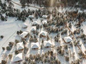 an aerial view of a snow covered forest with white buildings at Деревенька в лесу in Bykovo