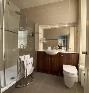 a bathroom with a toilet and a sink and a shower at Park House in Carnoustie