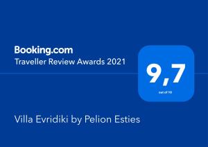Certifikát, hodnocení, plakát nebo jiný dokument vystavený v ubytování Villa Evridiki by Pelion Esties
