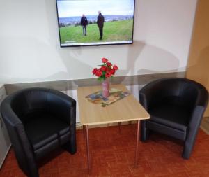 zwei schwarze Stühle und einen Tisch mit einer Vase Blumen in der Unterkunft Ferienbungalow 2 in Dierkow