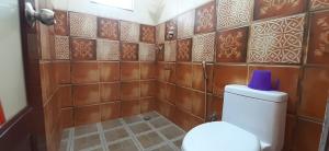 a bathroom with a toilet with a blue box on it at Greenberg cottages Mararikulam in Mararikulam
