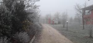 un camino de tierra en la niebla con una cabina telefónica roja en SANTA MARIA DI LORGANA, en Minerbio