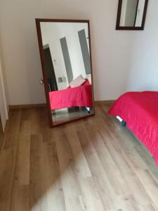 1 dormitorio con espejo y 1 cama en Monolocale arredato con una camera, en Parma