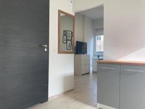 een kamer met een deur met een spiegel en een keuken bij Apartament Prusa in Lublin