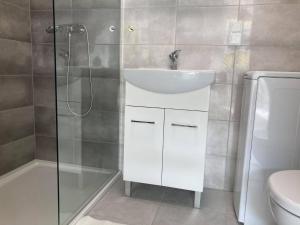een badkamer met wastafel, douche en toilet bij Apartament Prusa in Lublin