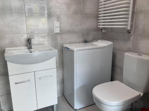 een badkamer met een wit toilet en een wastafel bij Apartament Prusa in Lublin +3 foto's