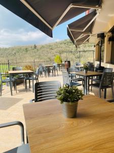 un patio al aire libre con mesas y sillas y una mesa con una planta en Hotel Don Pablo, en Villasana de Mena