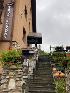 シュツァブニツァにあるDom Wypoczynkowy Trzy Koronyの花の咲く建物へ続く階段