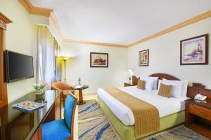 Tolip Aswan Hotel في أسوان: غرفه فندقيه سرير كبير وتلفزيون
