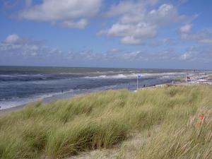 a beach with people in the water and grass at Studio de Aankomst in De Koog