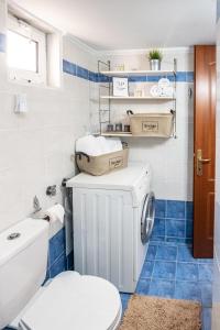 łazienka z białą toaletą i niebieskimi kafelkami w obiekcie Yellow Fresh Apartment 2 w Aleksandropolis +27 zdjęć