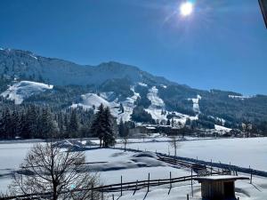 a snow covered field with a mountain in the background at Ferienwohnung Himmelsgaube in Oberjoch
