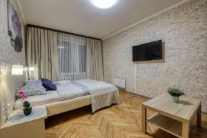 モスクワにあるApartment Hanaka Shipilovskiy 10のベッドルーム1室(ベッド1台、壁にテレビ付)