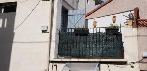 einen Balkon mit zwei Topfpflanzen auf einem Gebäude in der Unterkunft Résidence Emilie in Perpignan