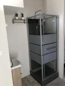 una ducha de cristal en un baño con lavabo en Joli studio meublé proche de la plage, en Veules-les-Roses