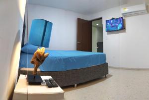 a bedroom with a blue bed and a blue chair at Oferta frente a la playa Cartagena . En, Sp, It. in Cartagena de Indias