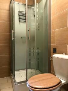 ヴェルネ・レ・バンにあるAppartement Cortalのバスルーム(シャワー、木製トイレ付)が備わります。