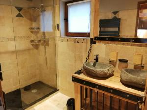 y baño con lavabo y ducha. en Gîte Les Hauts de Morey - Aux Bonnes-Mares, en Morey-Saint-Denis