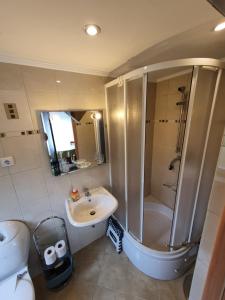 a bathroom with a sink and a shower and a toilet at Dom Colonia in Żarnowska +40 photos