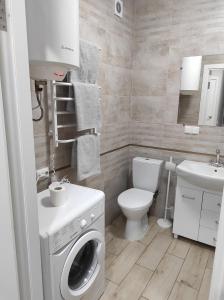 a bathroom with a washing machine and a toilet at Апартаменти Люкс in Khmelnytskyi