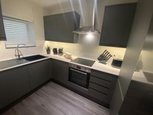 uma cozinha com um lavatório e um fogão em City Apartment em Winchester