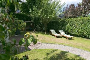 dos bancos sentados en el césped en un jardín en Bryn Mel Honey Hill Cottage en Llangoed