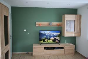 a living room with a flat screen tv on a green wall at Gästehaus Hofmann - 4 Sterne Ferienwohnung Sorbitztal in Rohrbach