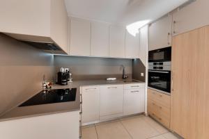 安錫的住宿－Le Reposoir - New 2 bedroom apartment with terrace & garage，厨房配有白色橱柜和不锈钢用具
