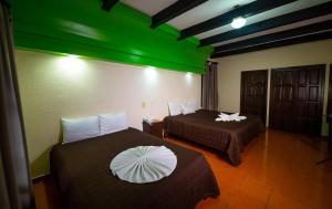 Habitación de hotel con 2 camas e iluminación verde en Hotel D’Monica, en San Cristóbal de Las Casas 57 fotos más