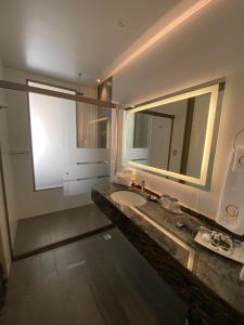 a bathroom with a sink and a large mirror at Hotel Catena in Cochabamba