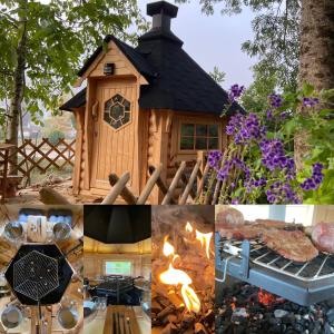 a collage of photos with a house and a fire place at Cottage-Gite & Jacuzzi - Chez Flo & Marc in Chouzy-sur-Cisse +39 photos